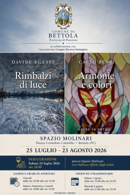 Rimbalzi di luce di Davide Egeste (Fotografie) e Armonie e colori di Carlo Bensi (opere in vetro)